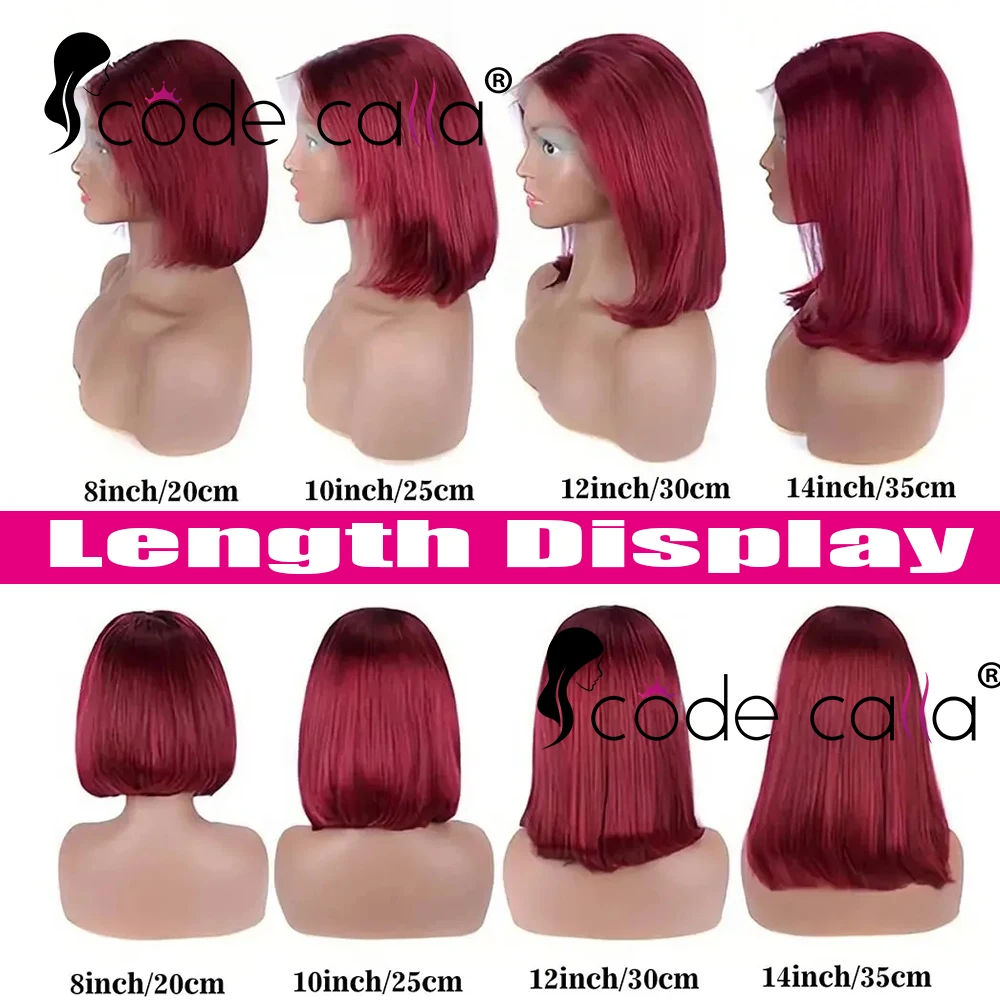 Wig Burgundy 99J rambut manusia Bob lurus pendek wig rambut manusia renda depan Brasil wig rambut manusia telah ditanami rambut palsu renda TPart