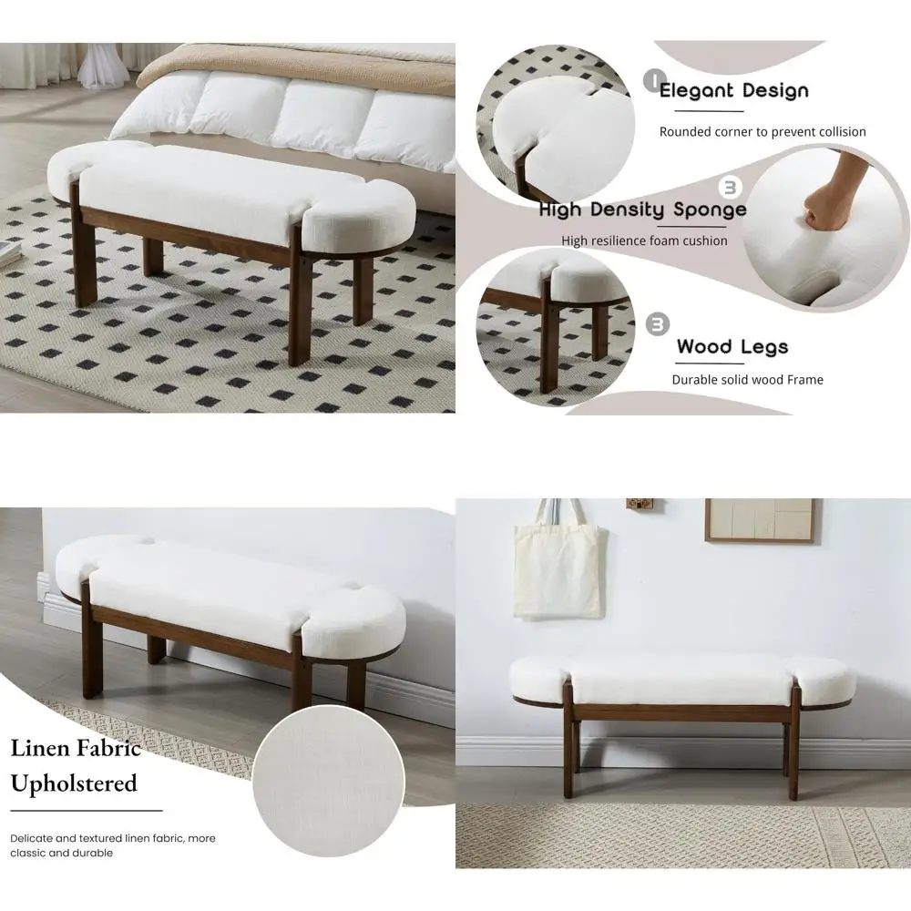 مقعد غرفة نوم حديث مقاس 49 بوصة، نهاية منجدة من مقعد السرير، مقعد مدخل خشبي مع مقعد مبطن من الكتان وأرجل خشبية من خشب الجوز #1