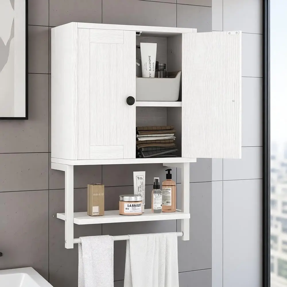 

Rustic Wooden Medicine Cabinet with Barn Doors, Wall Mount Storage Shelf & Towel Bar for Home Bathroom, Living Room, Kitchen - W