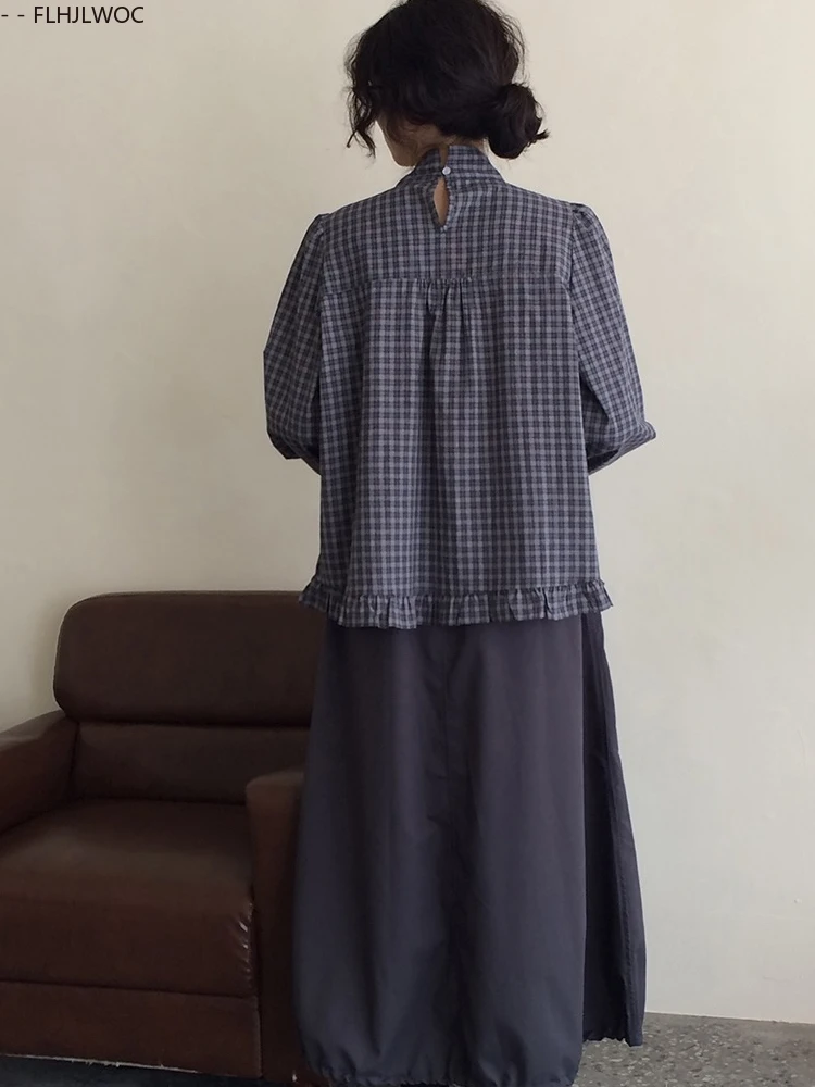 Короткие хлопковые топы, блузки, милые японские девушки, весна 2026, повседневные рубашки в клетку с длинными рукавами в стиле ретро, винтажный топ с галстуком-бабочкой