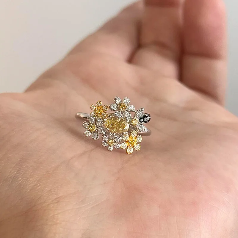 Autumn small flower inlaid diamonds exquisite rings for women light luxury high-end small fresh ring daily jewelry gifts