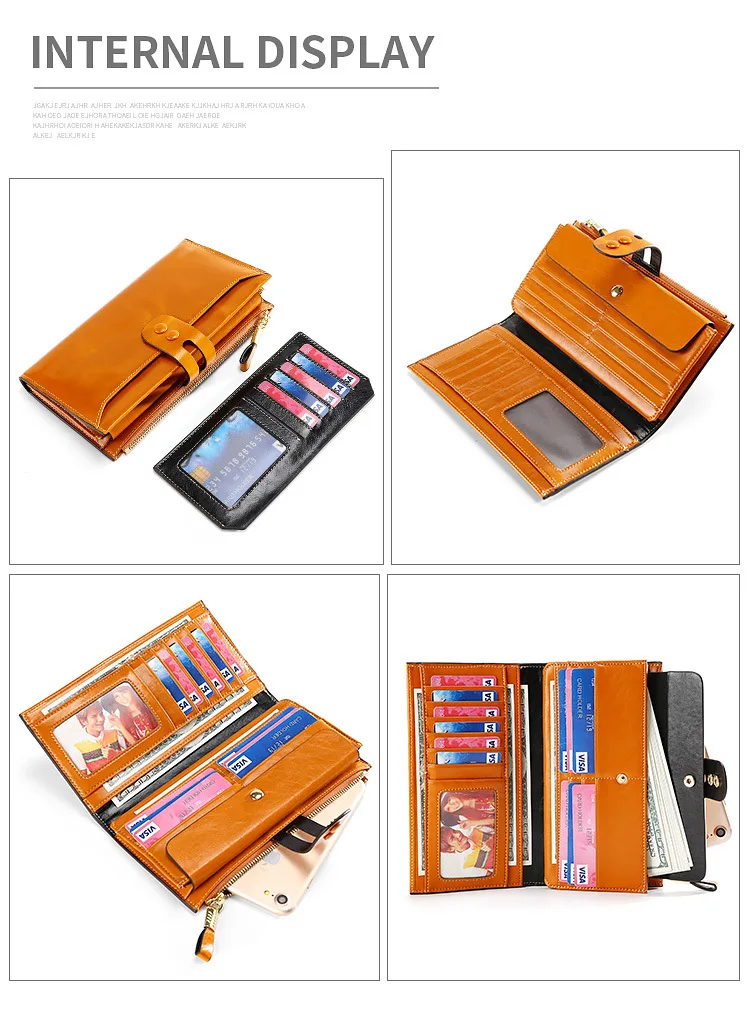 Genuine Leather Women's Long Wallet Ladies' High-quality Coin Purse RFID Anti Magnetic Card Bag, Retro Oil Wax Cowhide Wallet