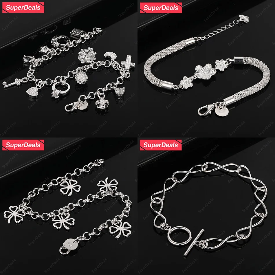 

SuperDeals 925 Sterling Silver Number 8 Four Leaf Clover Key Lock Flower Bracelet Women Wedding Party Fine Cute Jewelry