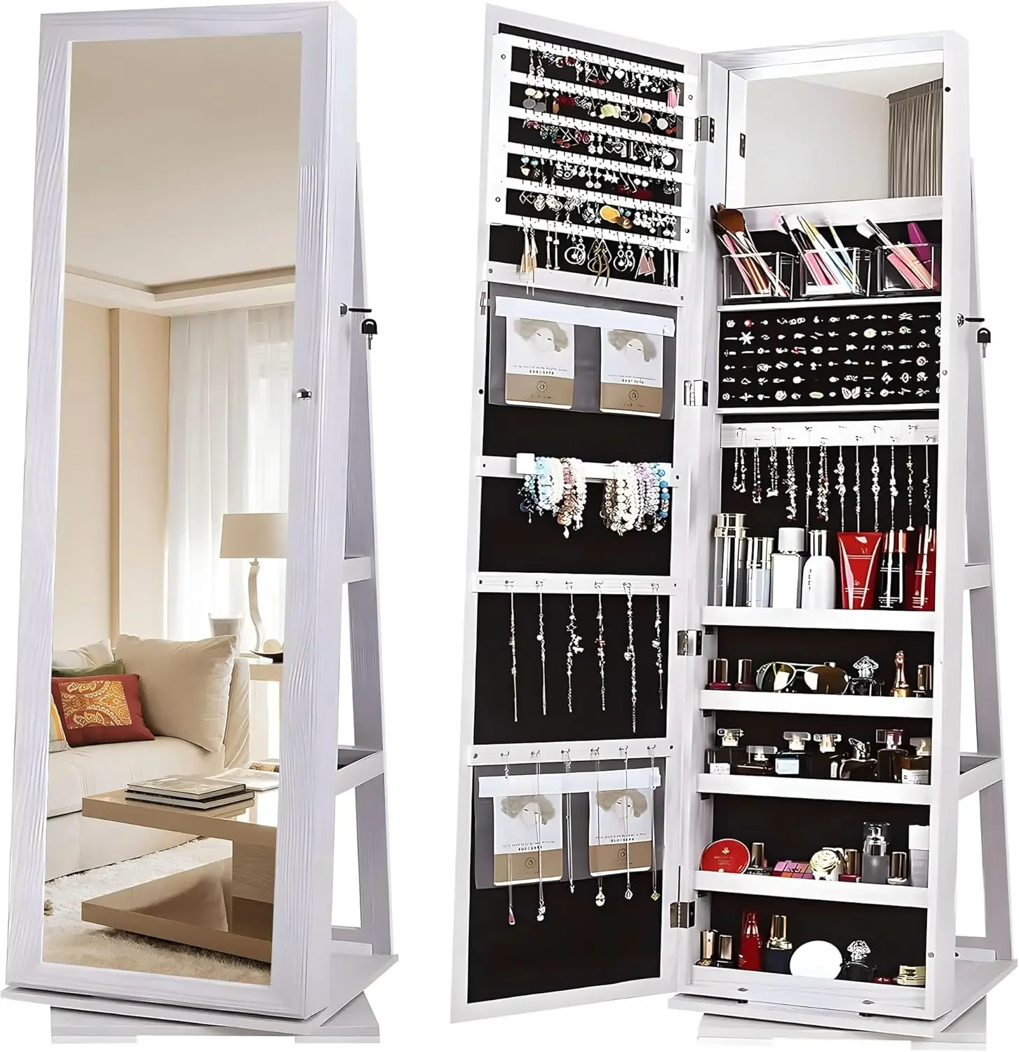 Lockable Floor Standing Wooden Jewelry Armoire with Full Length Mirror 360°Rotatable Jewelry Organizer Cabinet Lo