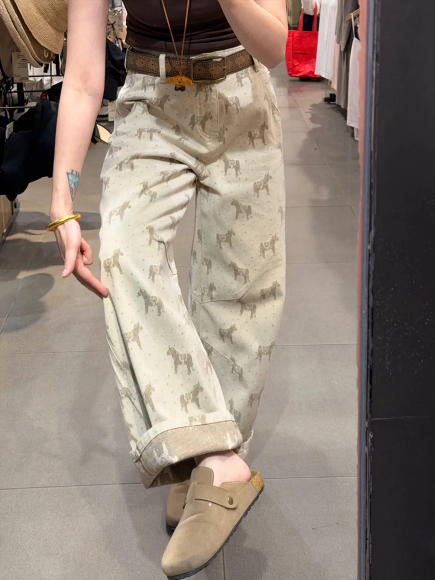 

Jeans for Women Horse Printed Straight Trousers High Waisted Vintage Wide Leg Pants Spring Summer New Female Chic Trousers