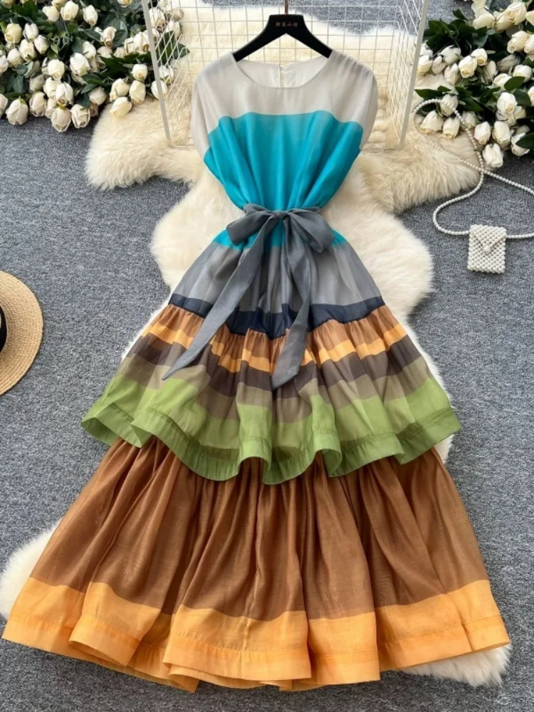 Yeezzi moda feminina colorido em camadas amarrado cintura vestido plissado 2025 nova manga curta solta o-pescoço festa noite midi vestidos