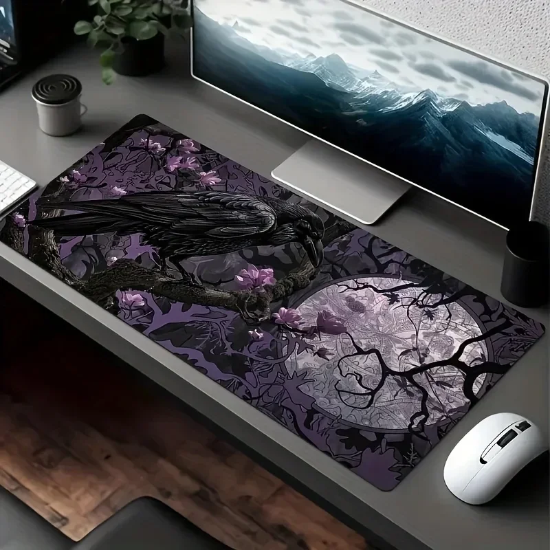 Gothic Raven Moonlight Mouse Pad Purple Floral Black Branch Design Stitched Edges Office Gaming Essential