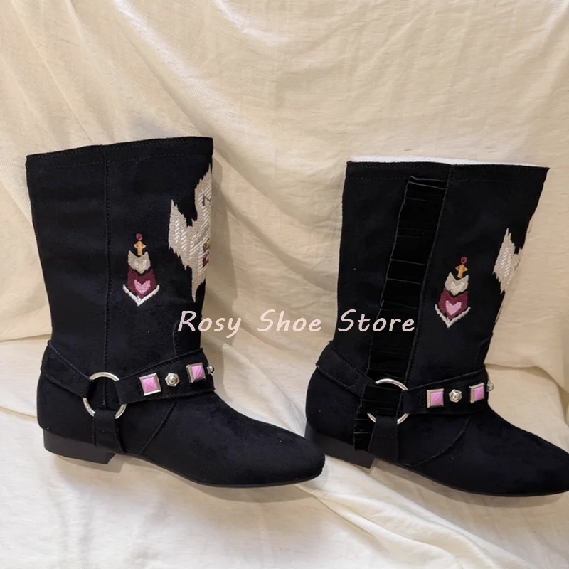 

Vintage Black Suede Manual Embroidery Fringed Ankle Boots Ethnic Style Cute Round Toe Metal Buckle Decor Western Riding Boots