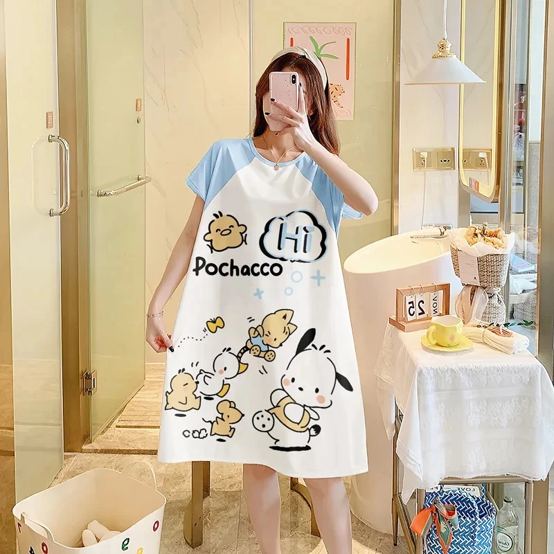 Kawaii Hello Kitty Summer New Ladies Nightdress Anime Sanrio Kuromi Pachacco Cartoon Cute Sweet Cotton Pajamas Homewear 2024