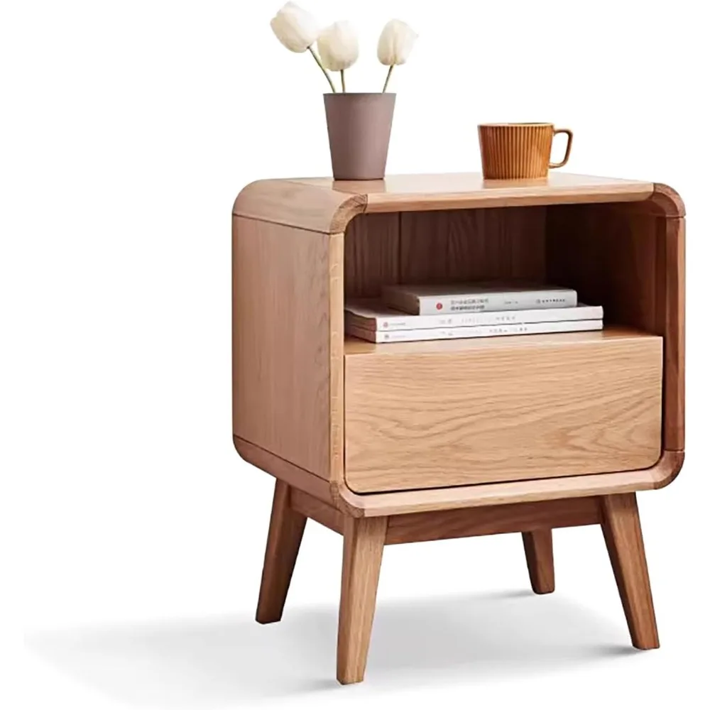 

100% Solid Wood Nightstand, Oak Mid Century Modern Small Nightstand with Drawer and Open Storage, Durable Bedside Table for Bedr