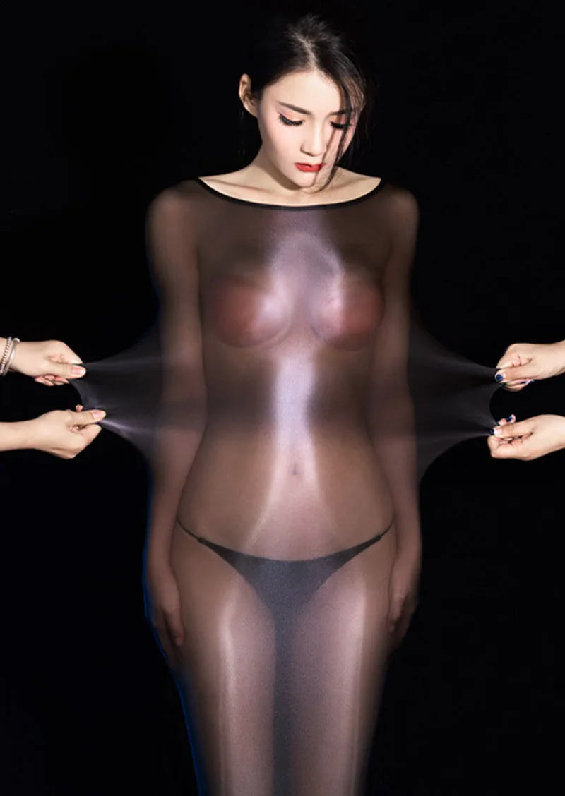 Sexy Women Sheer Glossy Elastic Nylon Body Encasement Cocoon With Head Enclosure Bodystocking Bodyhose Pantyhose Bodysuit