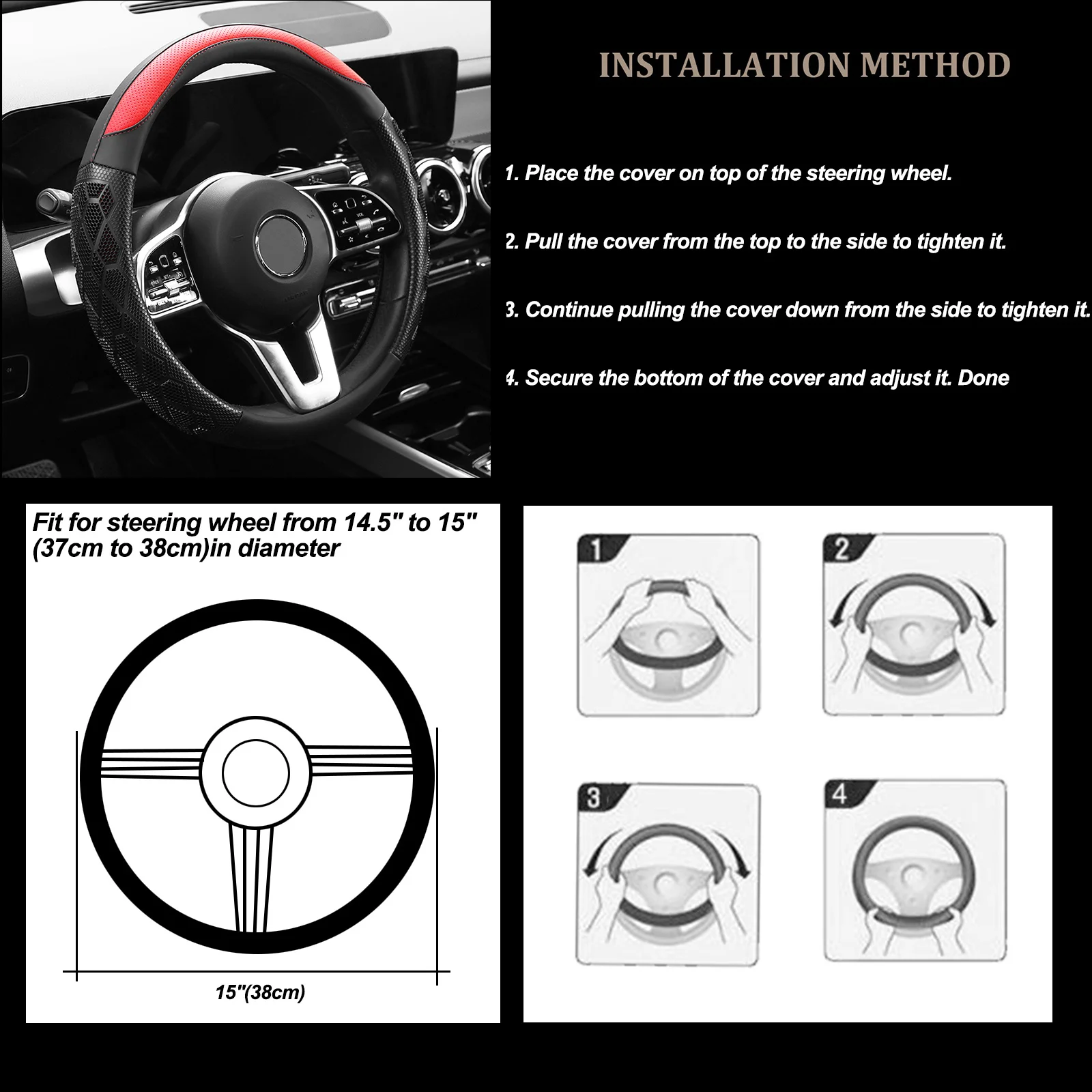 38cm 15'' 3D Honeycomb Car Steering Wheel Cover Leather Breathable Anti-slip For Toyota Corolla RAV4 Camry Yaris Prius