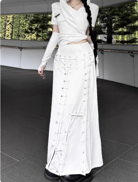 3xl primavera verão branco europeu americano sexy emenda divisão saia meninas moda cintura alta a linha versátil rua saias longas