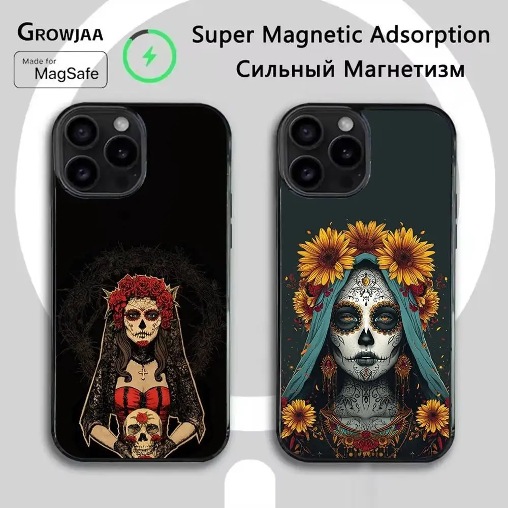 

Чехол для телефона Mexican Catrina Skull для iPhone 16e, 16,15,14,13,12,11, Plus, Pro, Max, Mini Magsafe с магнитной беспроводной зарядкой