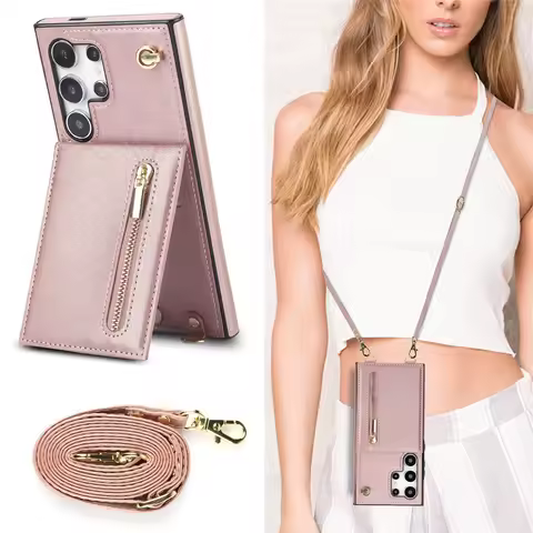 Zipper Crossbody Wallet Case For Samsung Galaxy S25 S24 Ultra S23 Plus S24FE S22 S21 S20 Note 20 Cards Holder Lanyard Cover