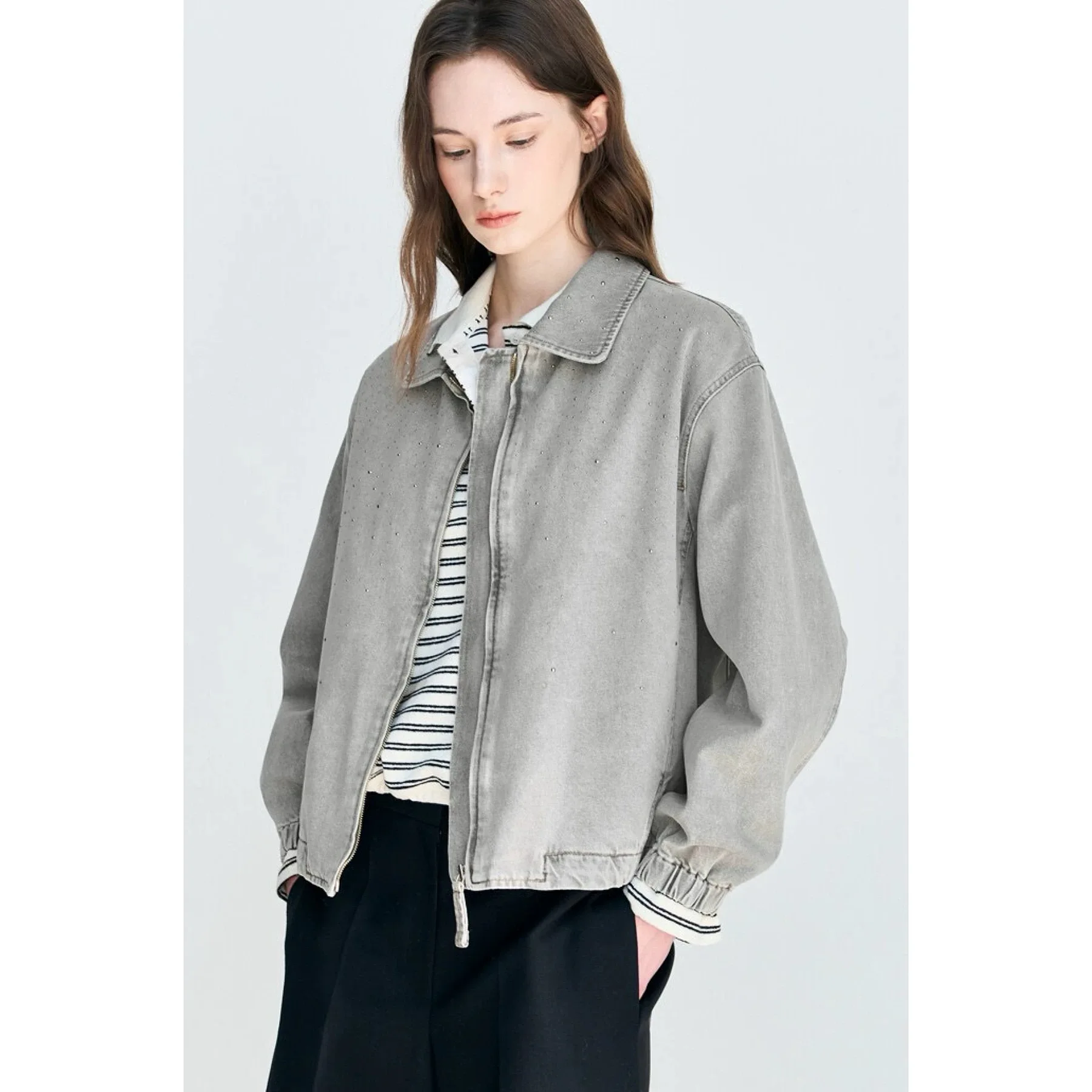 NingYao LAT26 Spring Casual Versatile Collared Exquisite Shiny Diamond Elastic Waist Jeans Jacket Outerwear Women's Fashion