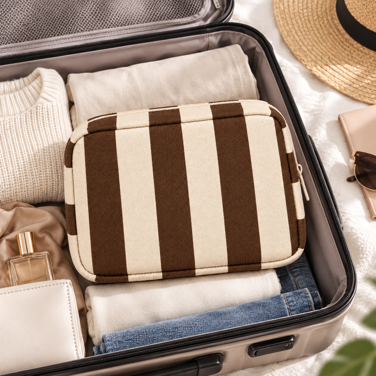 Striped Makeup Bag Retro Brown Cream Cosmetic Pouch Travel Beauty Organizer Toiletry Storage Case Zipper Makeup Pouch Women