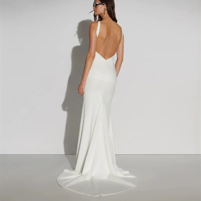 Women Halter Wedding Dress Satin Mermaid Bridal Gown Deep Keyhole Neck Backless Split Floor Length Simple Wedding Party Dress202