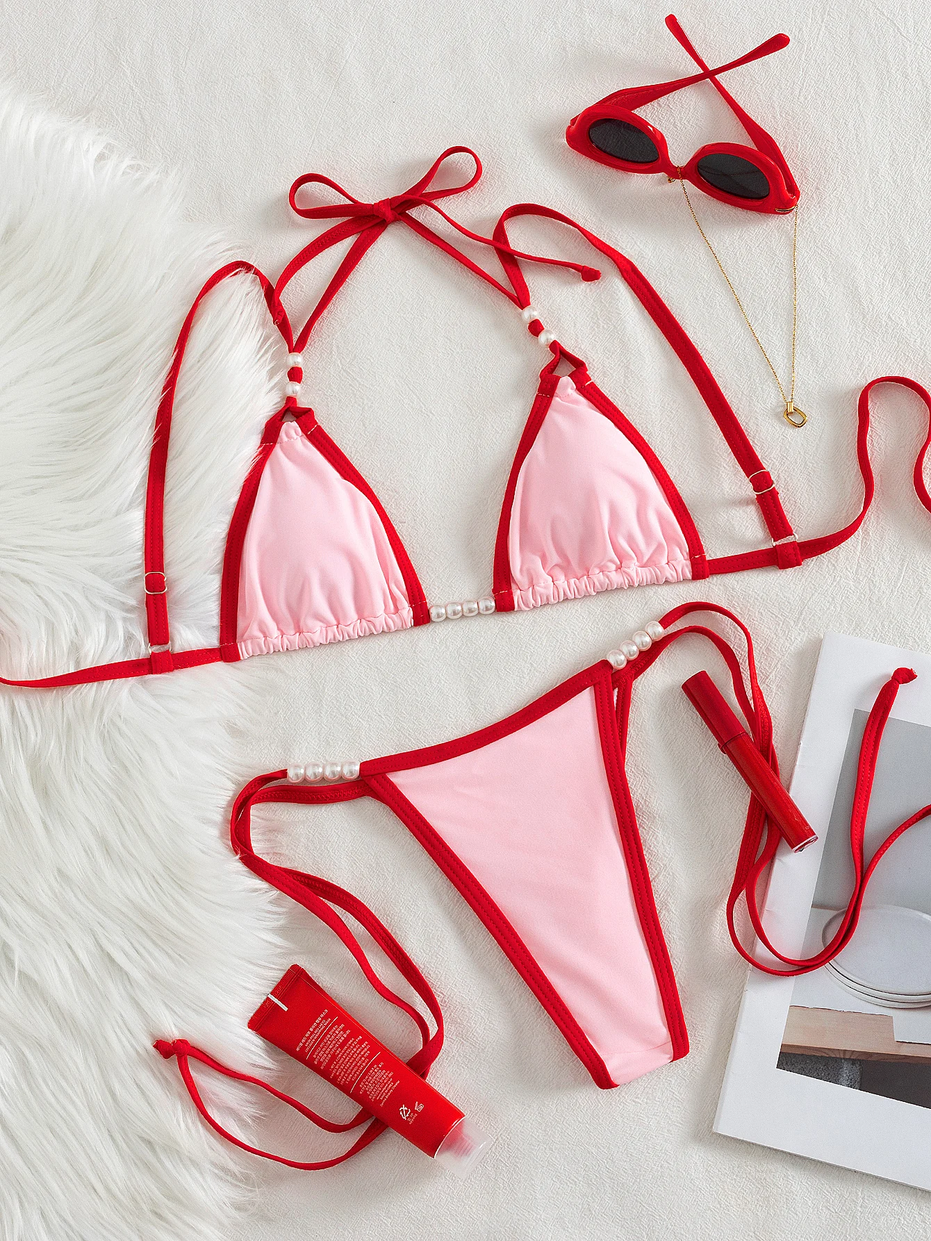 Women's Pink and Red Contrast Bikini Set, Halter Triangle Top with Pearl Detail Tie Side Bottom 2 Piece Swimwear