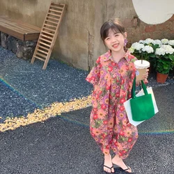 2023 Summer Girls Korean style floral oversized overalls baby girl loose thin style short sleeve jumpsuit