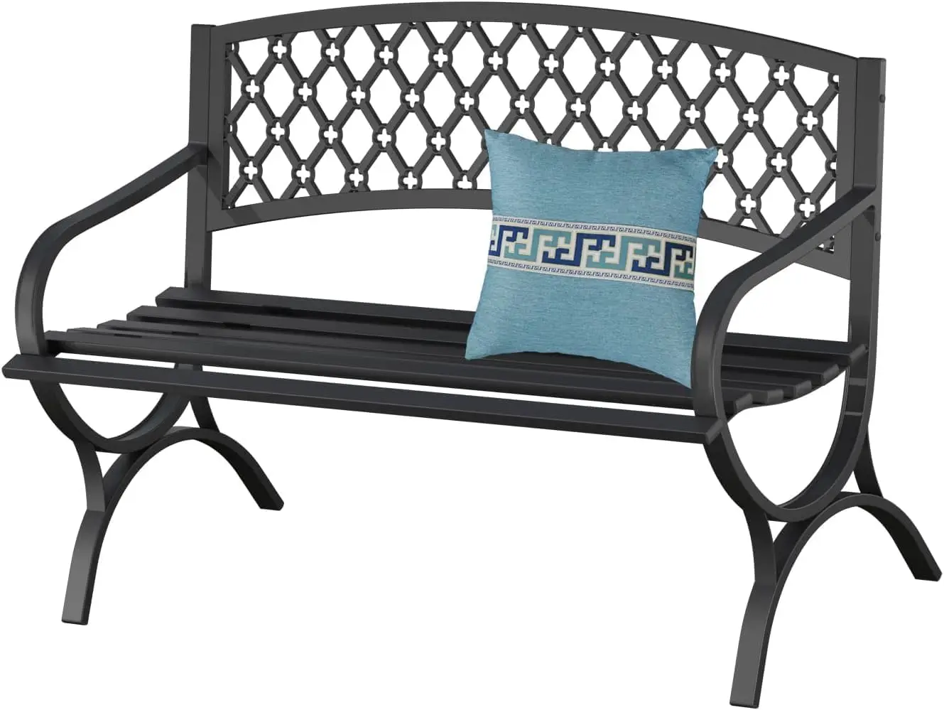 50 Inch Outdoor Patio Garden Loveseat Bench, Black Steel Cast‑Iron Frame Metal Bench with Grid Design, for Porch, Yard, Lawn and Deck
