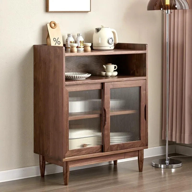 Sideboard, North American black walnut sliding door, living room glass storage cabinet, custom solid wood tea cabinet