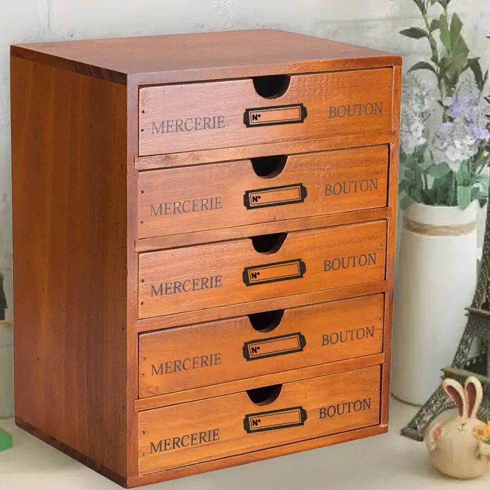 5 Tier Wooden Vintage Chest Of Drawers Desktop Jewelry Box Sundries Holder Shelf