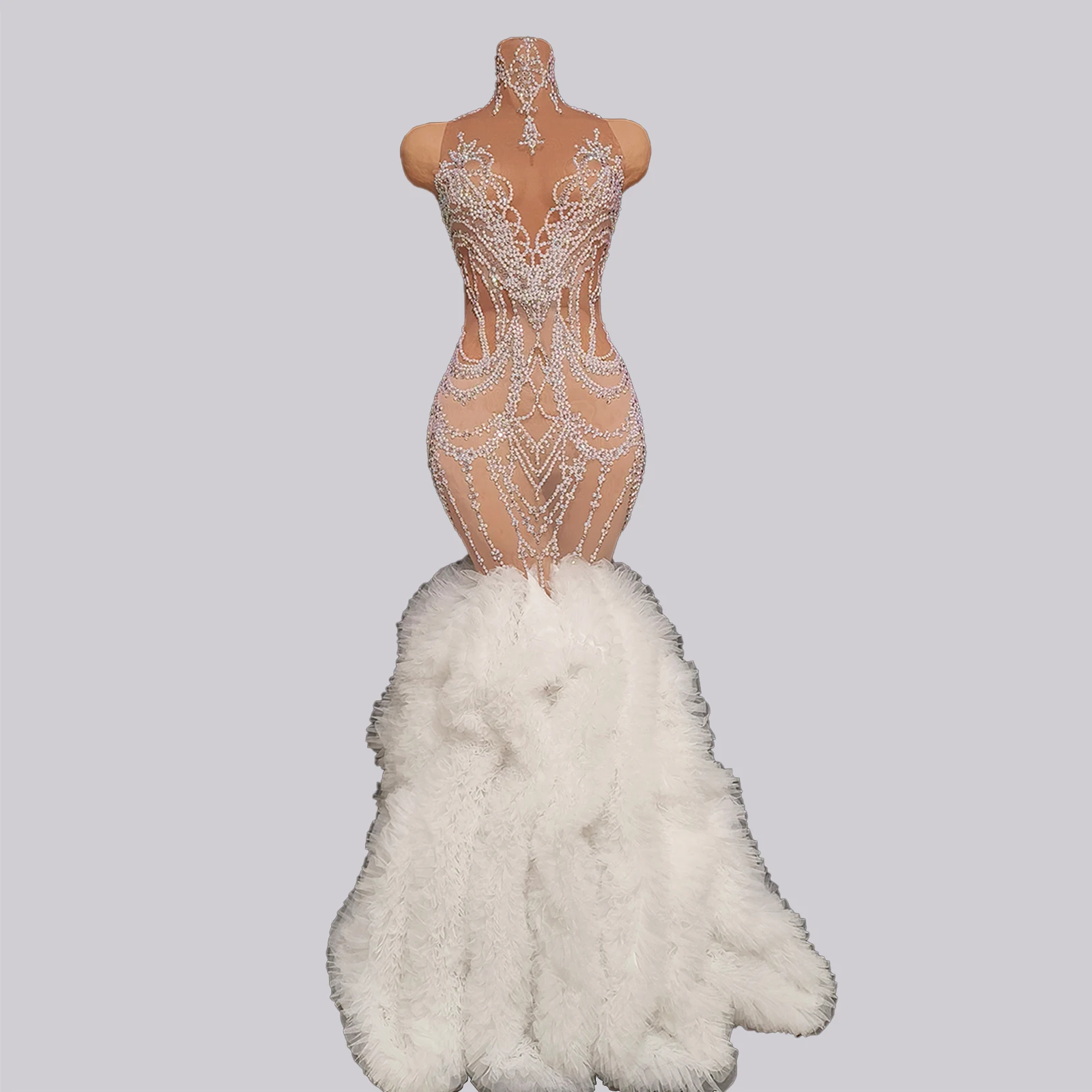 Glanzende witte strass doorzichtige lange jurk Drag Queen kleding avondfeest verjaardag zanger Gogo bal nachtclub bar vrouwelijk