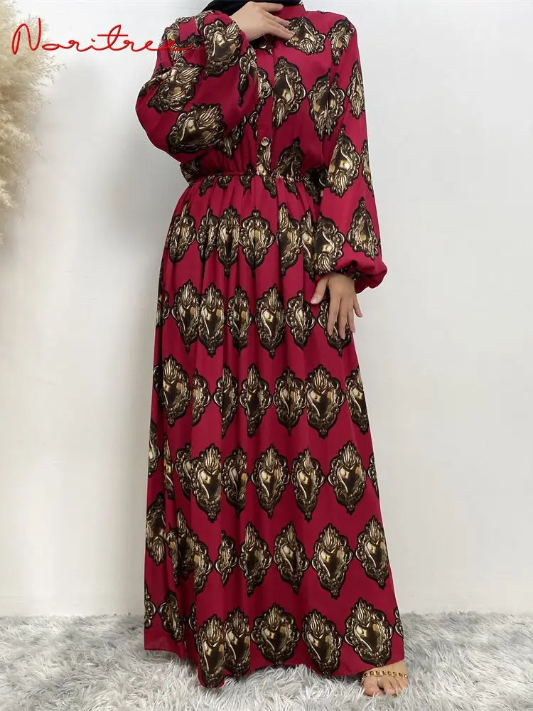 

Fashion Printed muslim Dresses With Lining syari abaya female full length Lantern sleeve islamic muslim abaya wy1444