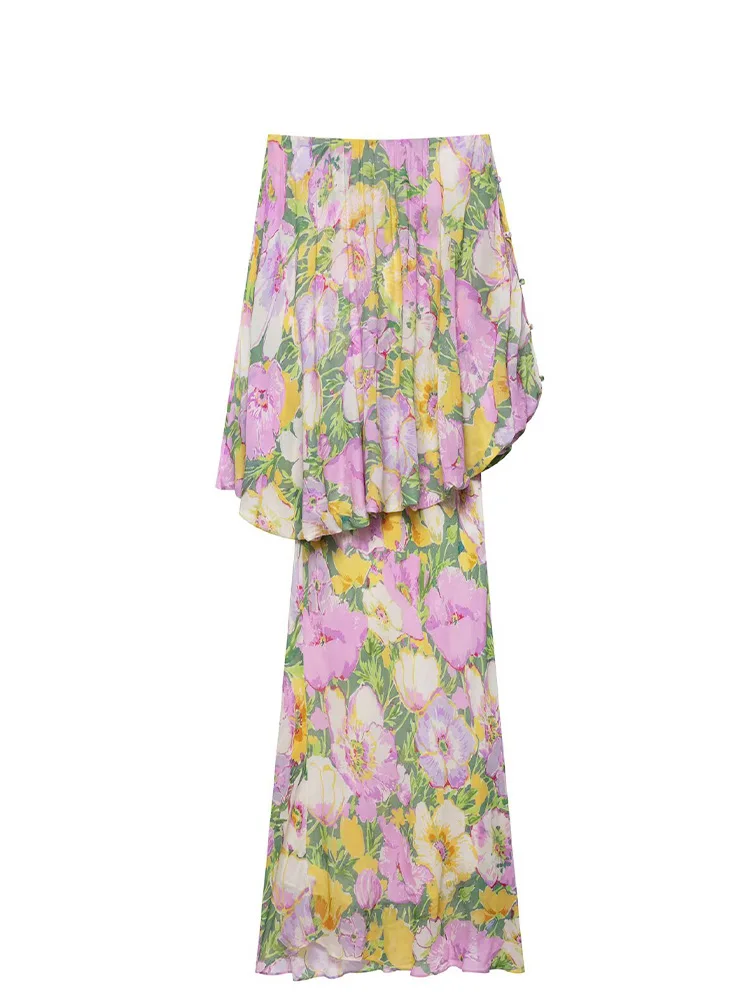 HH Women Fashion Irregular Flower Print Pleated Decoration Long Dress Female Summer Elegant Sexy Single-Breasted Slim Dress