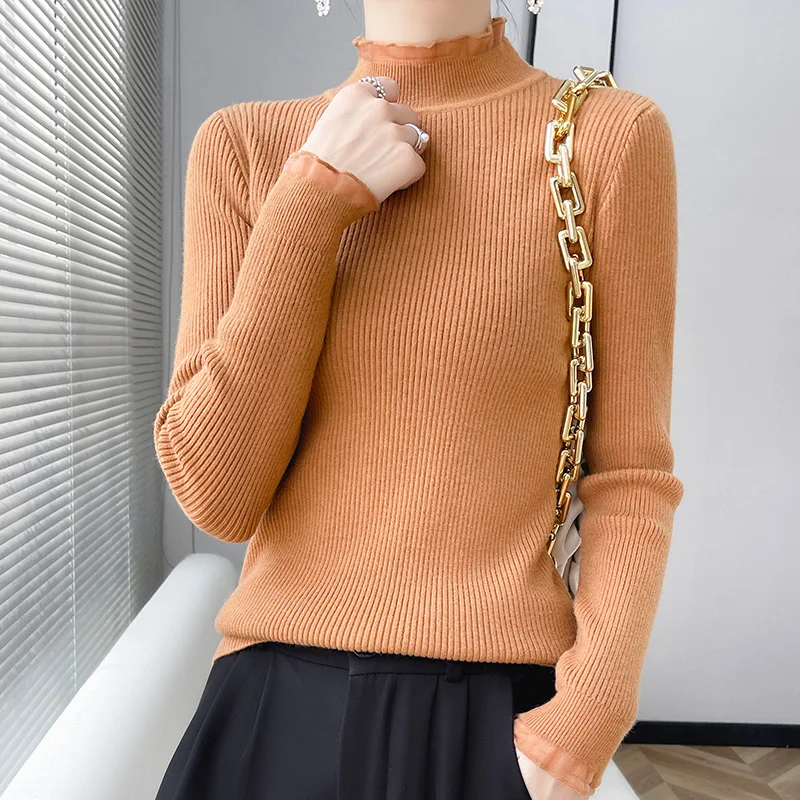 Autumn Winter Mock Neck Cashmere Sweater Women Solid Knitted  Casual Slim Pullover Fashion Cashmere Simple Chic Jumpers