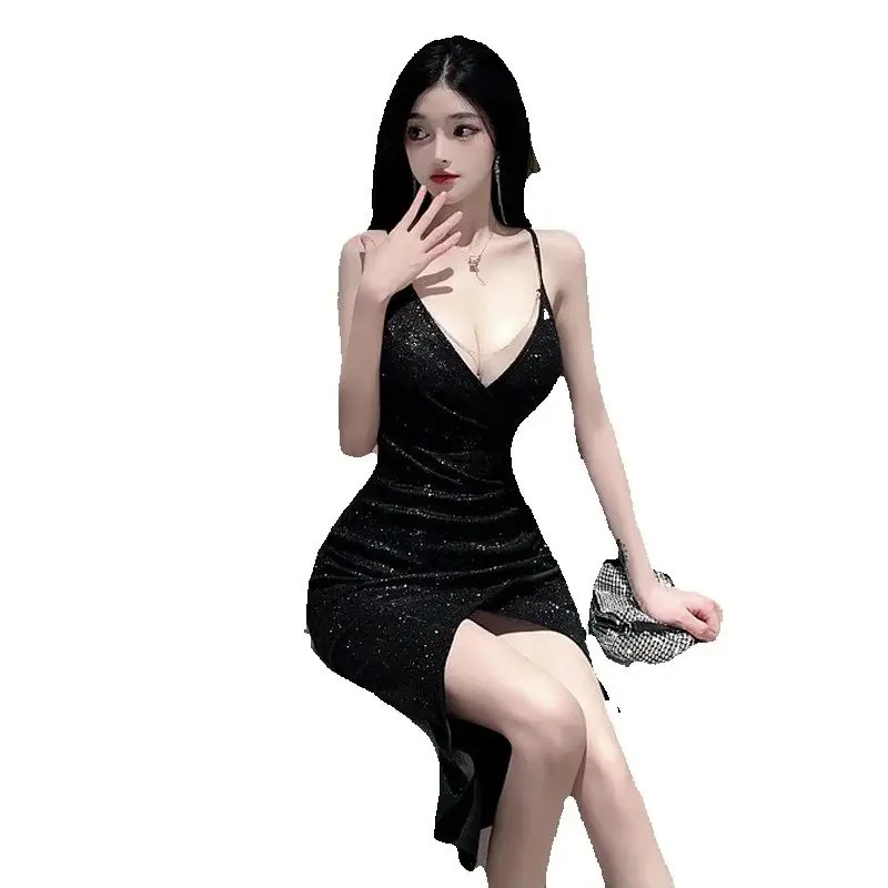 

Новое женское сексуальное женское белье, сексуальное облегающее платье с глубоким V-образным вырезом и блестками, расшитое разрезом, элитное темпераментное облегающее платье для пикантных девушек