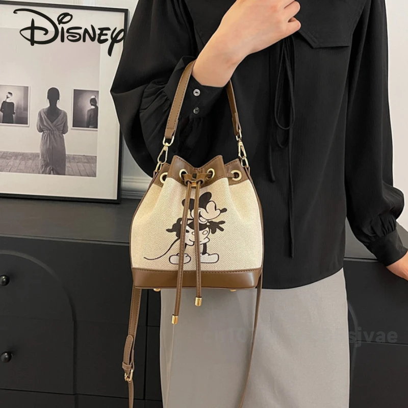 Disney Mickey 2024 New Women\'s Bucket Bag Fashionable High Quality Canvas Women\'s Bag Cartoon Casual Women\'s Crossbody Handbag