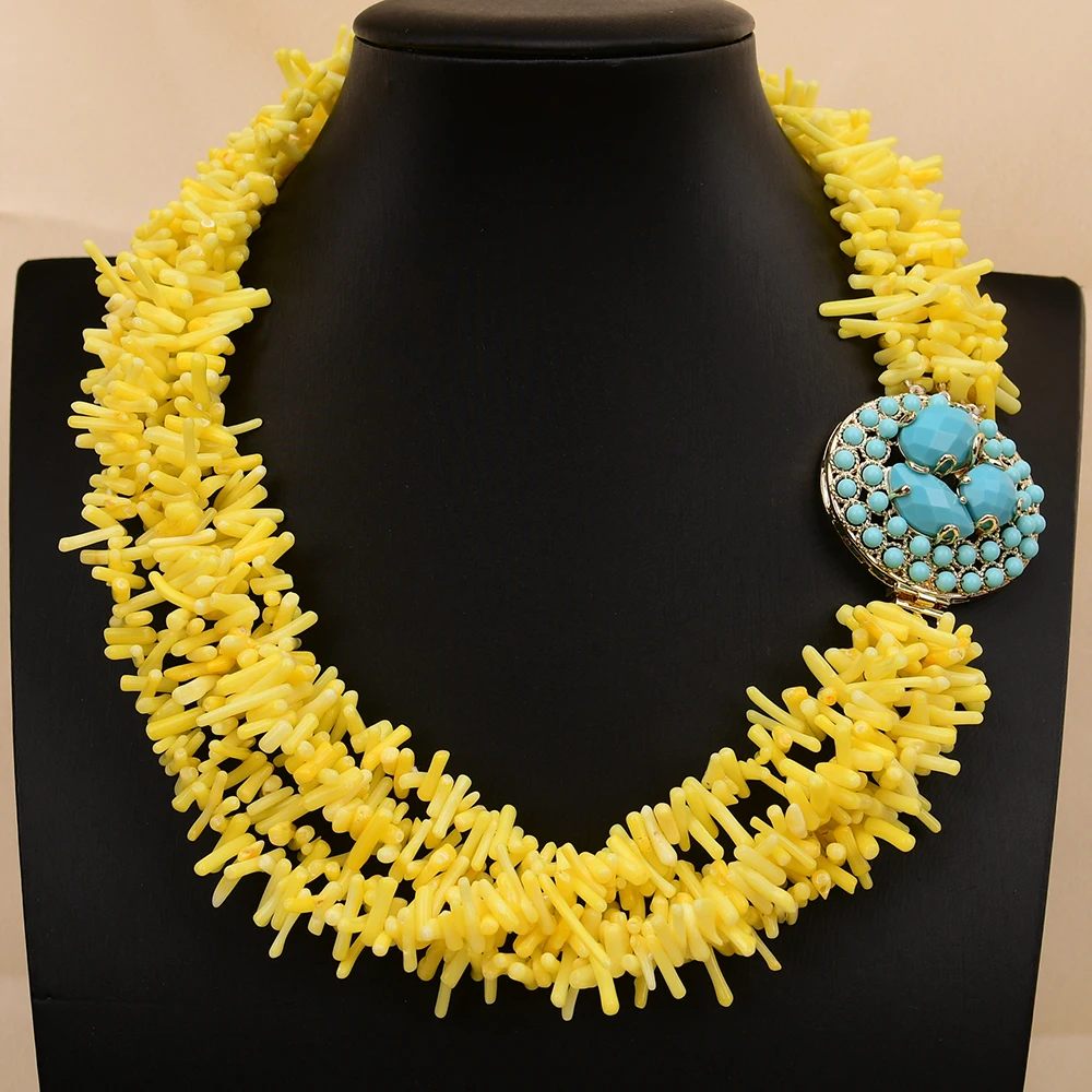 G-G 18'' 5 Rows Freedom Irregular Yellow Coral Chips Branch Beads Necklace Gold Plated Blue Turquoise Flower Clasp Handmade