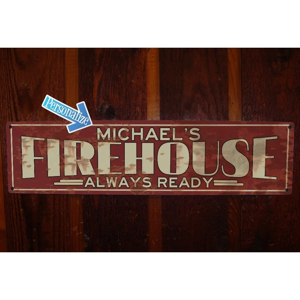 Customizable Firehouse Metal Plaque, Personalized Name Vintage Distressed Wall Sign for Firefighter Man Cave Garage Decor (Decor