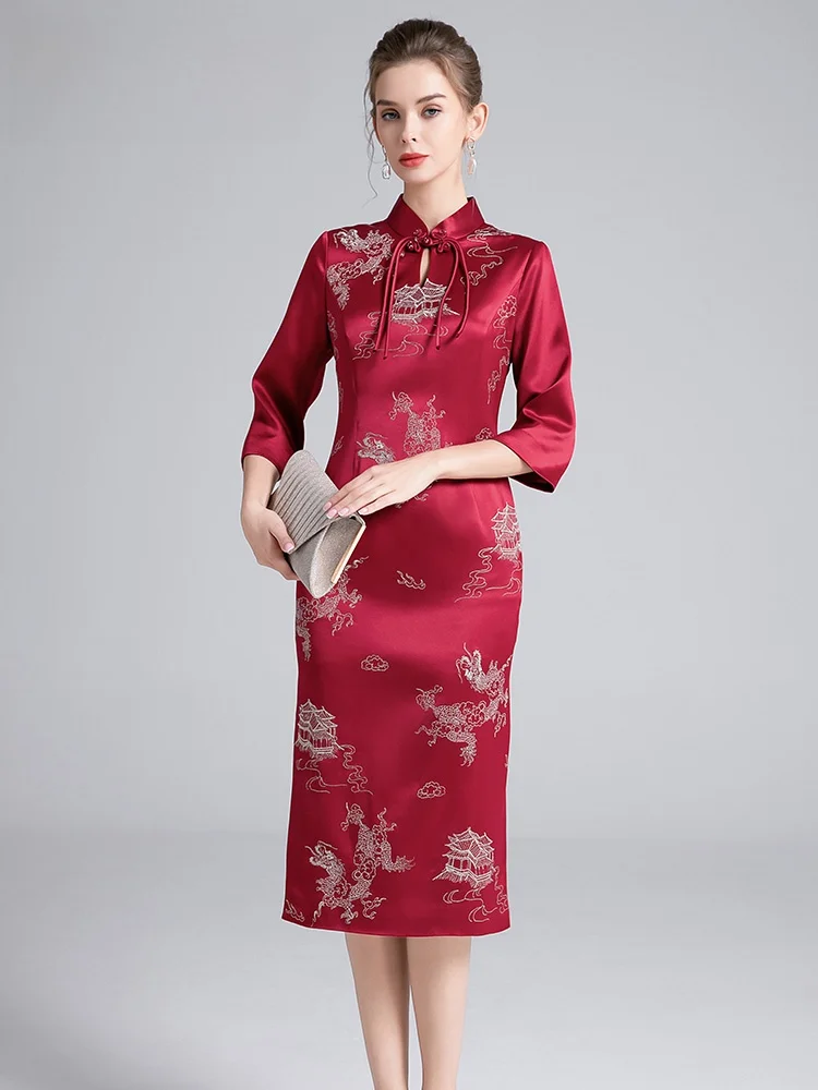 

Ele Long-Qipao Dr Embroidered Wedding Guest Dr for Mother of the Bride High-End Autumn Faion Acetate Fiber