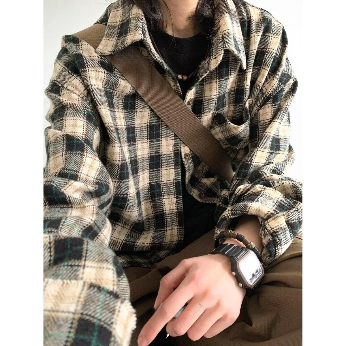 

Retro American Plaid Long Sleeve Shirt Men's Spring Autumn Workwear Loose Fit Outerwear Polyester Standard Style Youth Trend