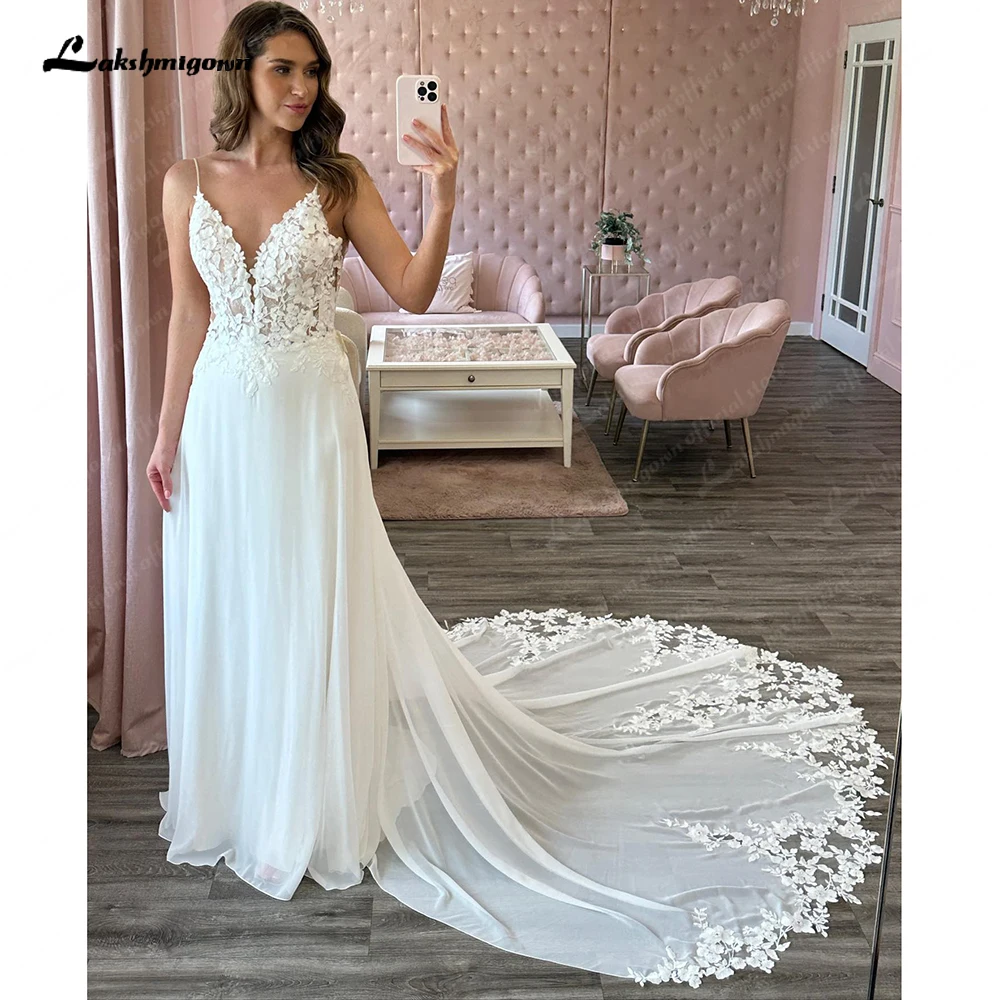 Lakshmigown Spaghetti Straps Chiffon Lace V Neck Wedding Dress for Bride Bohem Reception Bridal Gown vestidos de boda Customized