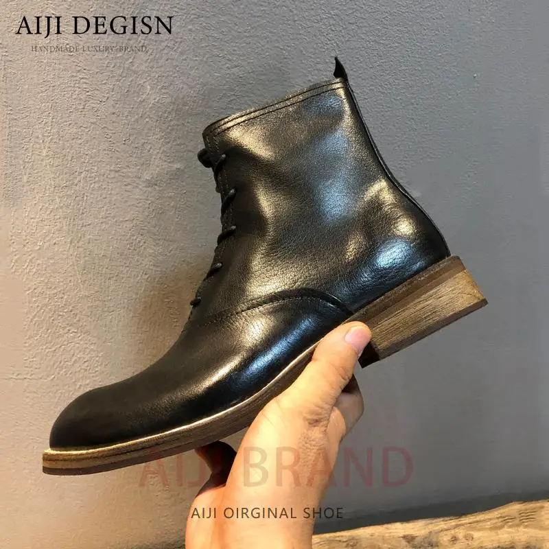

Genuine Leather Outdoor Work Shoes Male Ankle Boots Designer Handmade Vintage High Top Chelsea Boots Men American British Style