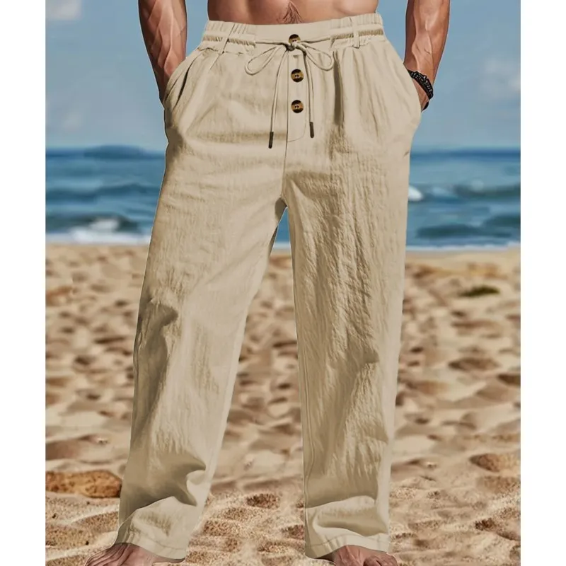 New solid color cotton and linen men's loose casual pants, Hawaiian men's lightweight and breathable casual sports pants