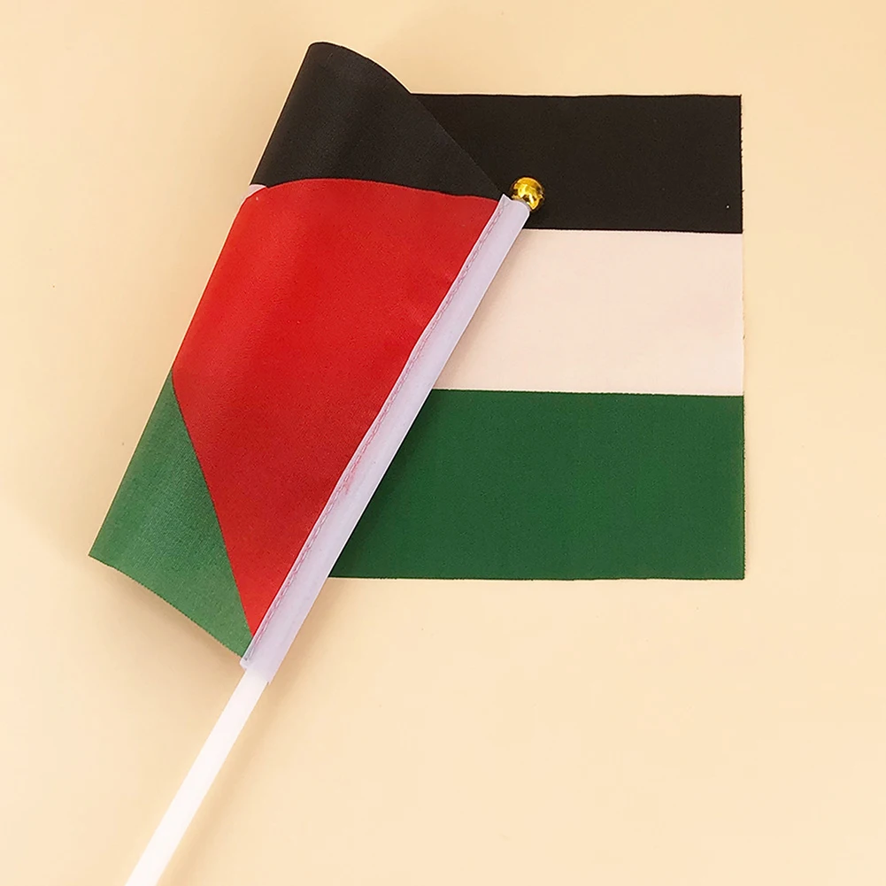 Small Palestine Flag 14x21cm Portable Hand Waving Palestinian Banner Polyester Fade-Resistance Plastic Flagpole for Events