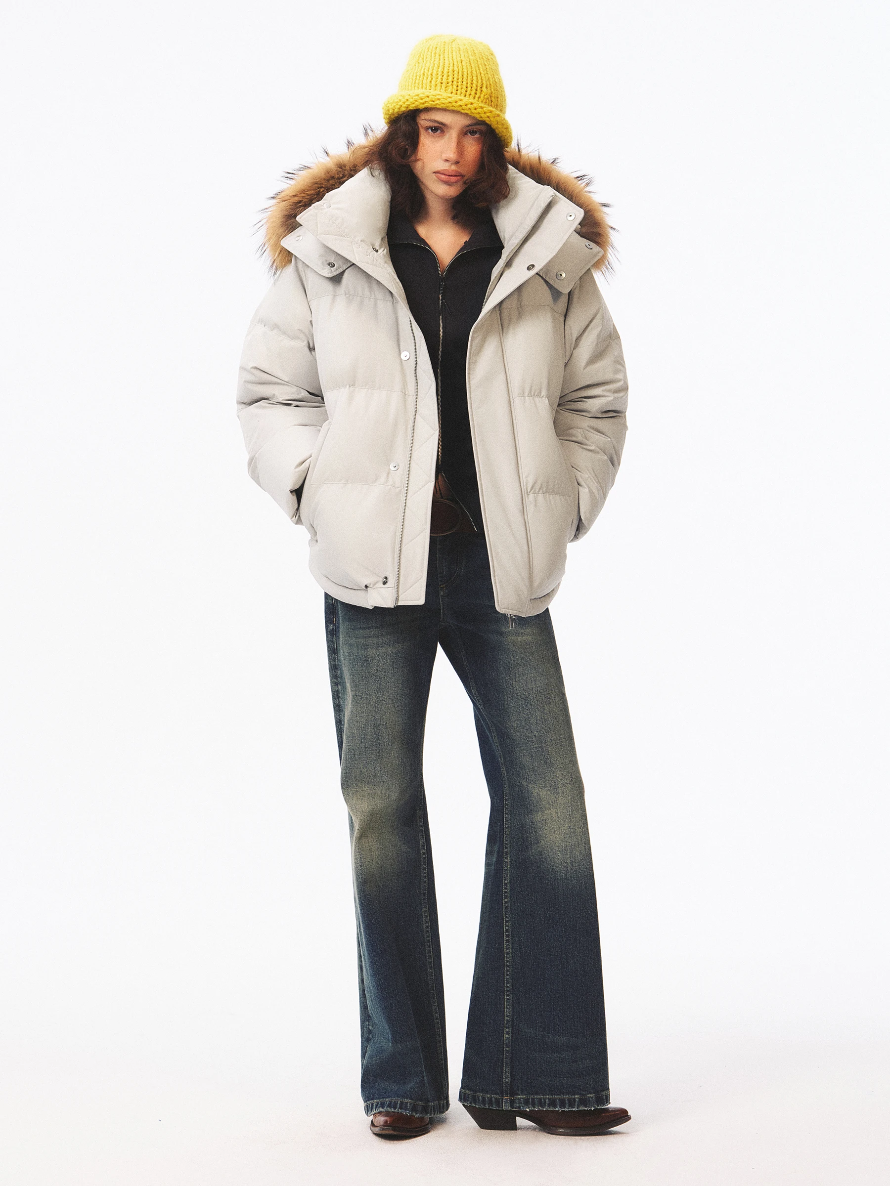 VERMO Women's Short Puffer Jacket Loose Fit Real Fur Collar 3D Tailoring Box Shape Windproof White Duck down Filling