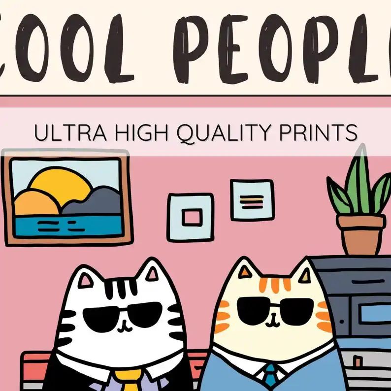 1pc frameless Canvas Painting Cool People Work Here Cat Poster – Funny Office Wall Art Print – Workplace, Corporate, or Home Off