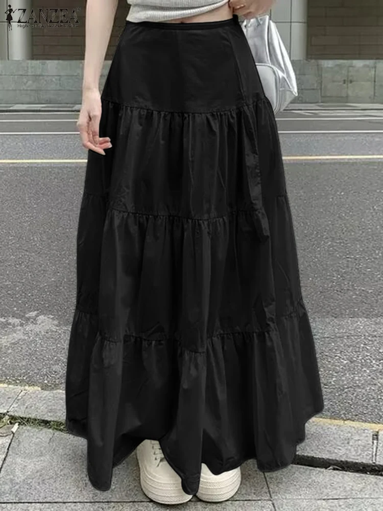 

ZANZEA Women Long Skirts High Waist Ruffled Skirt 2025 Summer Casual Loose Solid Elastic Waist Holiday Maxi Bottoms Oversized