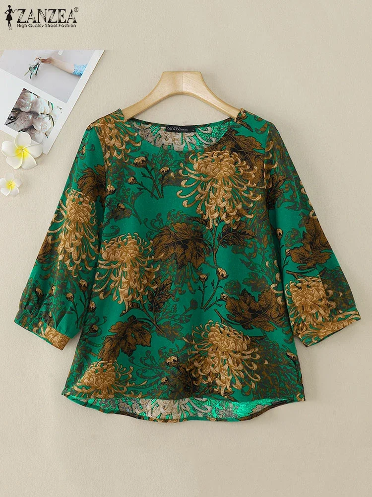 

ZANZEA Women Vintage Floral Print Shirts 100% Cotton Autumn Blouse 2025 Fashion Round Neck 3/4 Sleeve Retro Office Lady Tops
