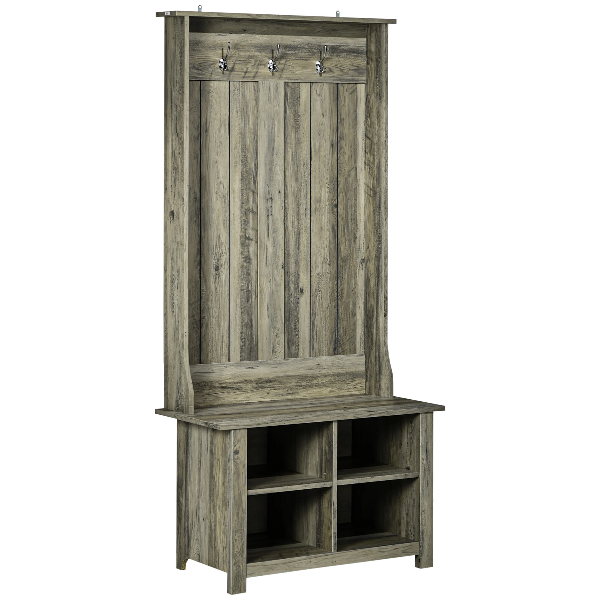 Hall Tree with Shoe Storage Bench, Entryway Bench with Coat Rack, Accent Coat Tree with Adjustable Shelves for Hallway, Living Room, Grey