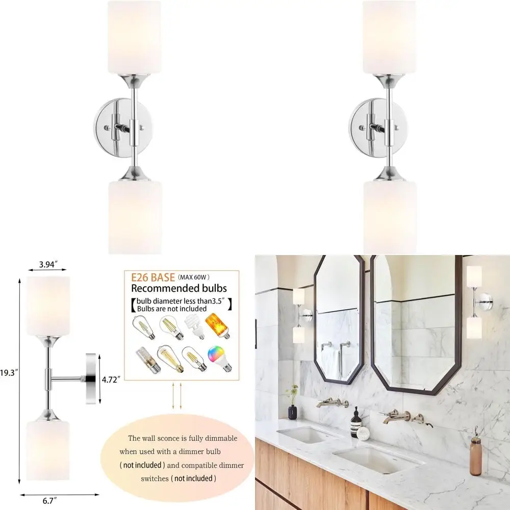 

Modern White Cylinder Glass Wall Sconce, Mid Century Style Vanity Lighting for Bathroom, Bedroom, Living Room & Restaurant (Chro