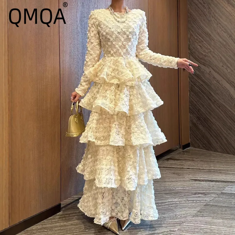 QMQA Fashion Women's French Dresses Round Neck Long Sleeve Ruffled Lace Hollow Out Cake Dress 2026 Female New Clothing QM1035