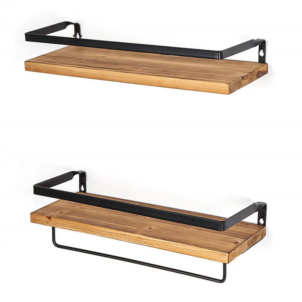1Pcs Wall Hanging Storage Rack Vintage Wooden Shelf Brown Pine Iron Art for Home Bedroom Office Decor Novel Visual Impression