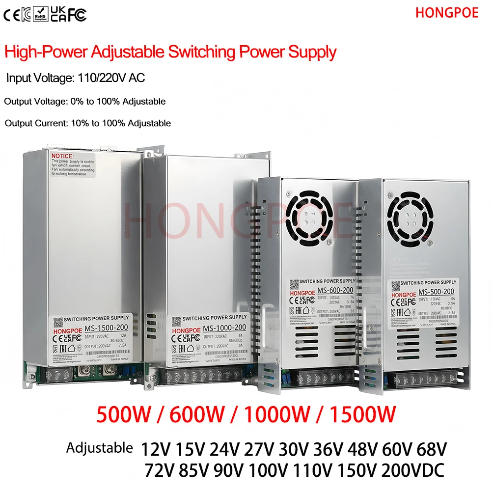 

CE 500/600/1000/1500W SMPS 0-200VDC Input 110/220VAC Voltage/Current 0-100% Adjustable for LED motors, batteries, CCTV, and TVs.